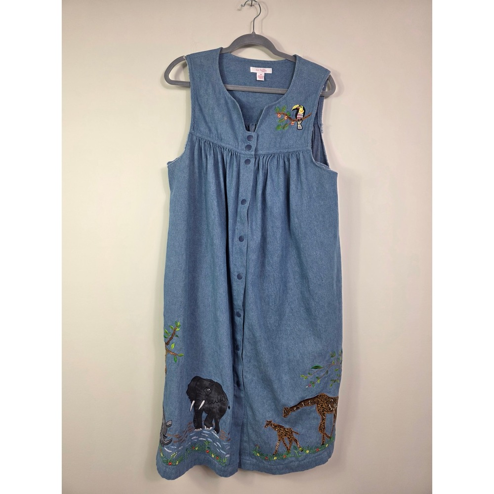 Go Softly Patio Vintage Denim Dress M Safari Embroidered Elephant Giraffe Toucan